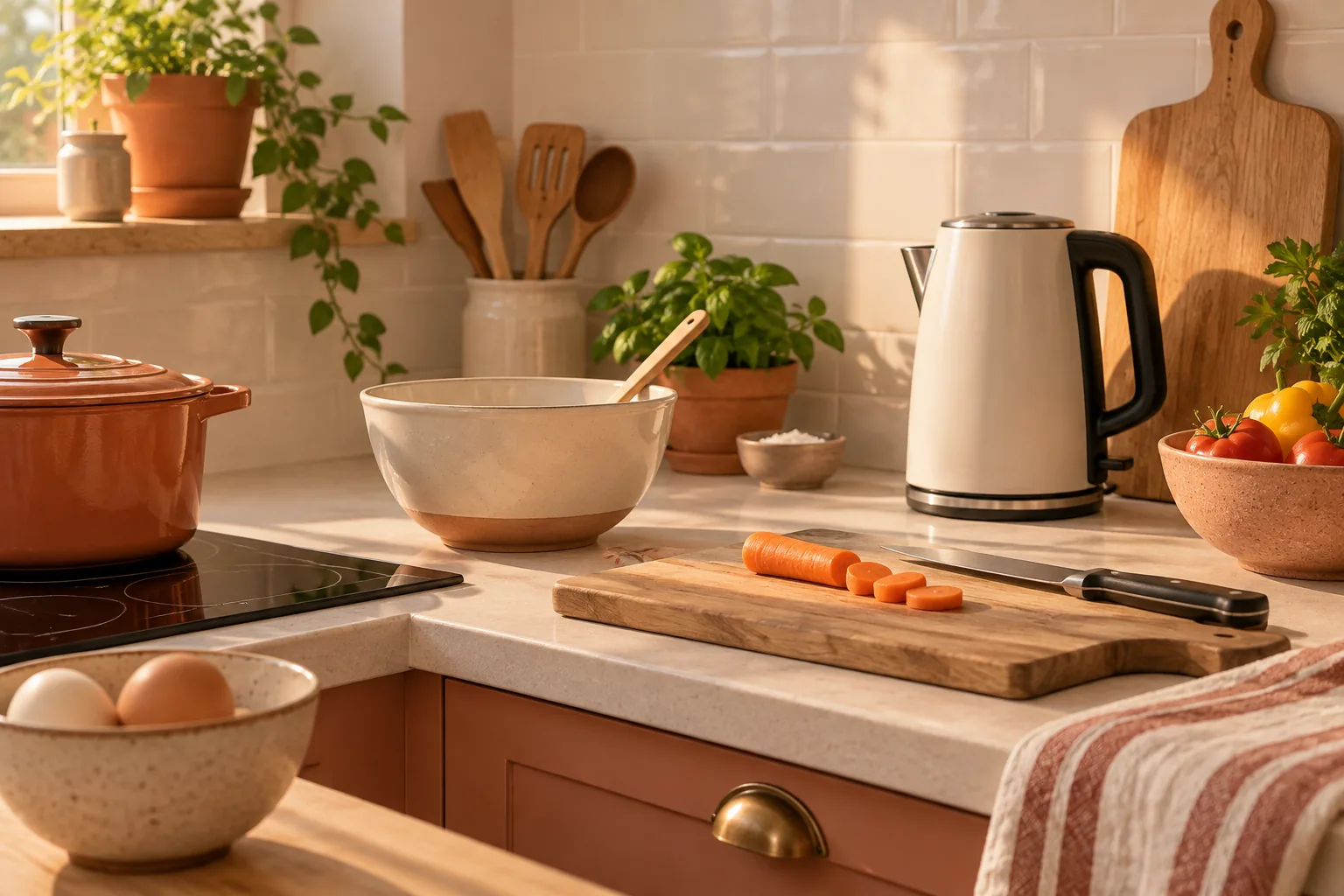 A tidy home kitchen with a kettle and cutting board on the counter and a tea towel hanging nearby